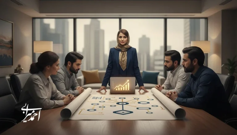 جلسه تیم مدیریتی برای ساخت برند قدرتمند و تمایزساز در کسب‌وکار با نقشه استراتژی برند و تحلیل رشد