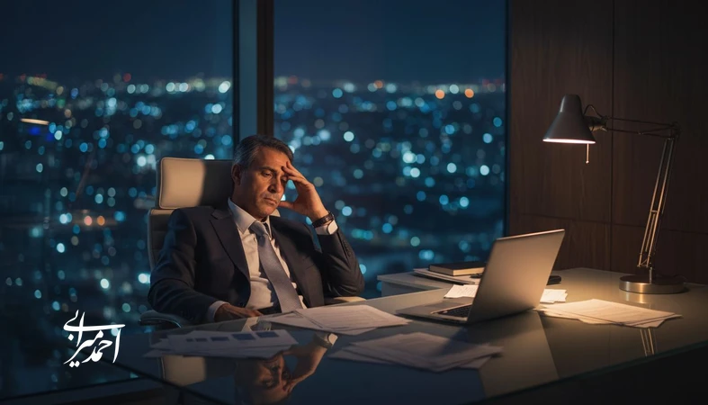 مرد مدیر تحت فشار مرد موفق بودن در دفتر کار شبانه؛ تصویر مفهومی از فرسودگی، تصمیم‌گیری و مسئولیت‌های رهبری