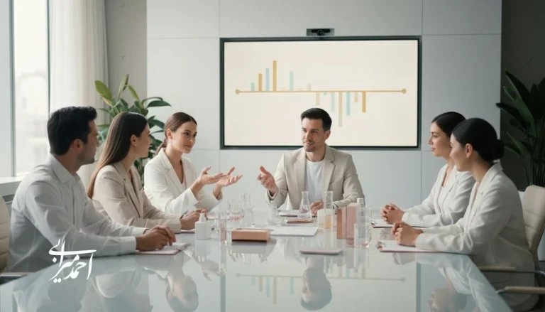 جلسه هم‌راستاسازی تیم محصول و مارکتینگ در یک برند آرایشی با نمونه‌های محصول و نمودار تصمیم‌گیری