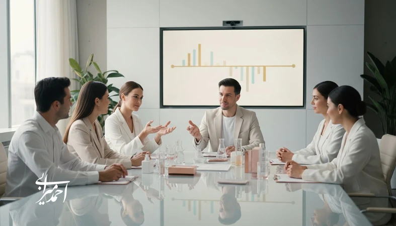 جلسه هم‌راستاسازی تیم محصول و مارکتینگ در یک برند آرایشی با نمونه‌های محصول و نمودار تصمیم‌گیری