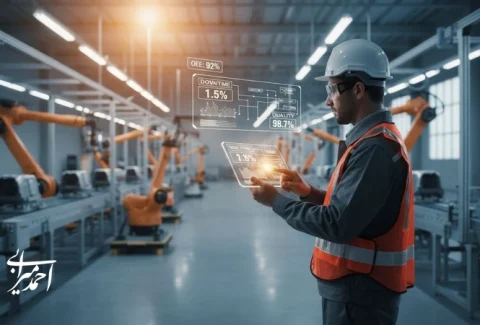 مدیر تولید در کارخانه در حال بررسی داشبورد شاخص‌ها؛ تصویر مفهومی از سیستم مدیریت تولید از تصمیم تا اجرا برای افزایش بهره‌وری و کاهش دوباره‌کاری