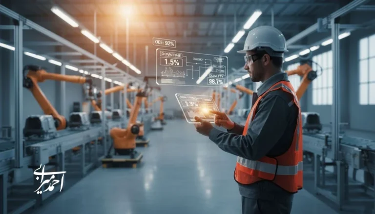مدیر تولید در کارخانه در حال بررسی داشبورد شاخص‌ها؛ تصویر مفهومی از سیستم مدیریت تولید از تصمیم تا اجرا برای افزایش بهره‌وری و کاهش دوباره‌کاری