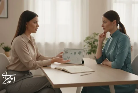 گفت وگوی حرفه ای در مشاوره زیبایی بدون فشار فروش؛ مشاور و مراجع در حال تصمیم گیری آگاهانه