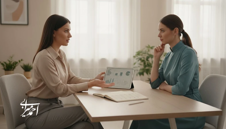 گفت وگوی حرفه ای در مشاوره زیبایی بدون فشار فروش؛ مشاور و مراجع در حال تصمیم گیری آگاهانه