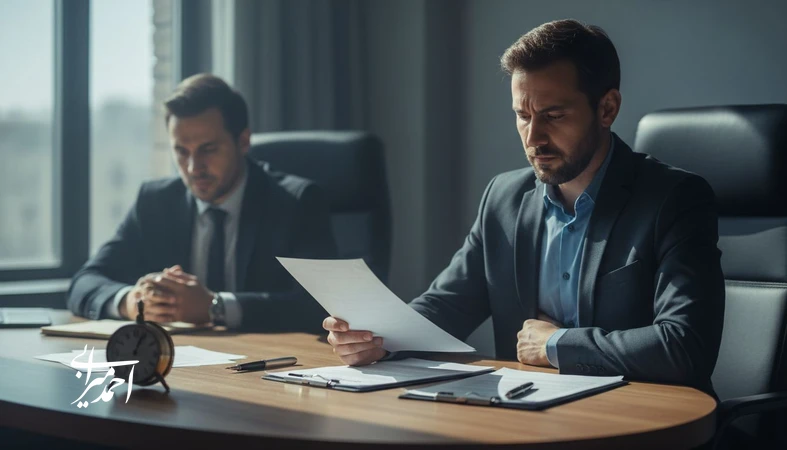 مدیر در حال تصمیم گیری دقیق و کنترل هیجان در مذاکره پرتنش املاک با قرارداد و ساعت روی میز