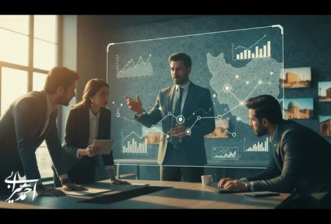 تیم مدیریتی گردشگری در حال تحلیل نمودارها و برنامه رشد سریع کسب‌وکارهای گردشگری برای افزایش مشتری و توسعه بازار