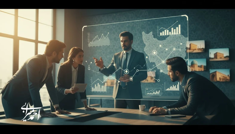 تیم مدیریتی گردشگری در حال تحلیل نمودارها و برنامه رشد سریع کسب‌وکارهای گردشگری برای افزایش مشتری و توسعه بازار
