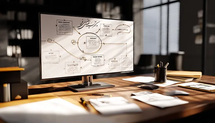 نمایی از دفتر کار مدرن که مانیتور آن نقشه طراحی سایت و هویت دیجیتال دکتر رضوی را نشان میدهد؛ بخشی از پروژه طراحیشده توسط دکتر احمد میرابی.