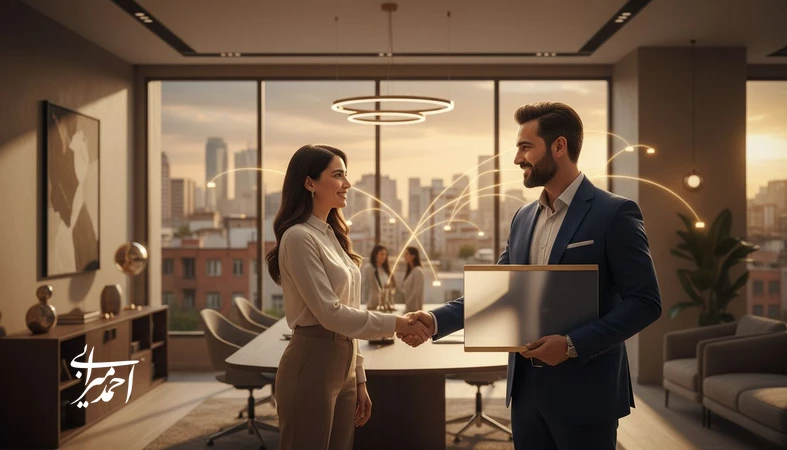 تصویر مفهومی از مشاور املاک حرفه‌ای که با قول برند و تجربه یکپارچه باعث افزایش معرفی مشتری می‌شود