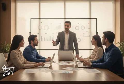 جلسه مدیریتی در دفتر املاک برای طراحی سیستم تصمیم گیری و KPI جهت کاهش فرسودگی و افزایش بهره وری