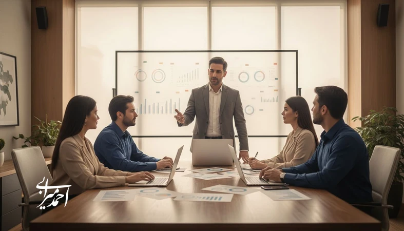 جلسه مدیریتی در دفتر املاک برای طراحی سیستم تصمیم گیری و KPI جهت کاهش فرسودگی و افزایش بهره وری