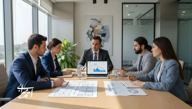 جلسه مدیریتی تیم املاک برای بررسی قیف فروش و پورسانت؛ رشد تیم زیاد شده اما سوددهی کاهش یافته است.