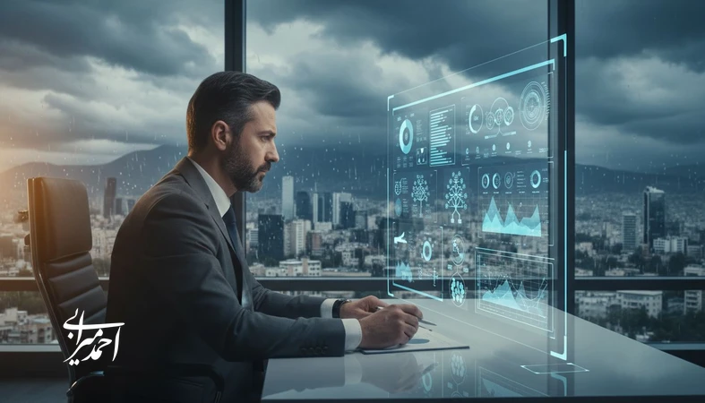 مدیر سرمایه‌گذاری در حال تحلیل مدیریت ریسک، سناریونویسی و داده‌ها برای کاهش ریسک و حفظ بازده در بازار پرنوسان