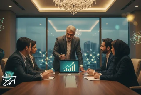 جلسه تحلیل سرمایه‌گذاری در کسب‌وکارهای خدماتی مقیاس‌پذیر با نمودار رشد و نشانه‌های پلتفرم و هوش مصنوعی