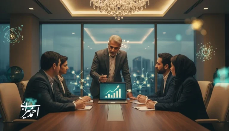 جلسه تحلیل سرمایه‌گذاری در کسب‌وکارهای خدماتی مقیاس‌پذیر با نمودار رشد و نشانه‌های پلتفرم و هوش مصنوعی