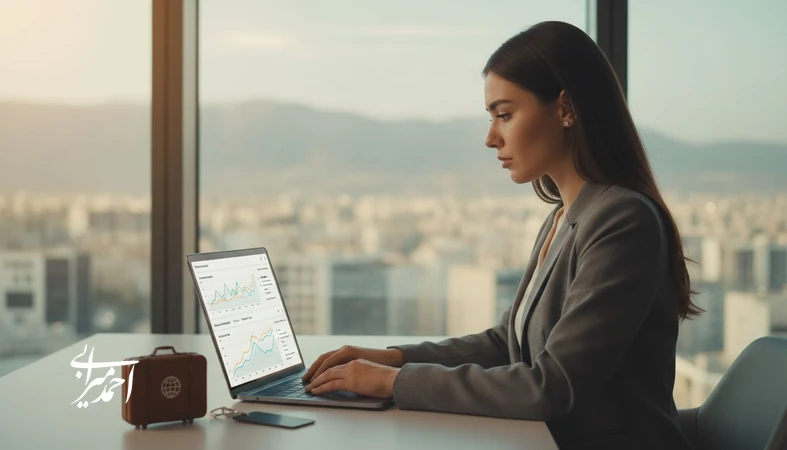 تصویر مفهومی از پیش‌بینی تقاضا و قیمت‌گذاری هوشمند در گردشگری با تحلیل داده و هوش مصنوعی روی داشبورد مدیریتی