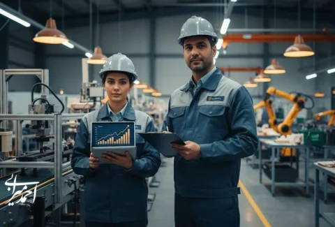 مدیر کارخانه در حال تحلیل داده‌ها برای رشد هوشمندانه کسب‌وکار تولیدی، افزایش بهره‌وری و توسعه ظرفیت و سهم بازار