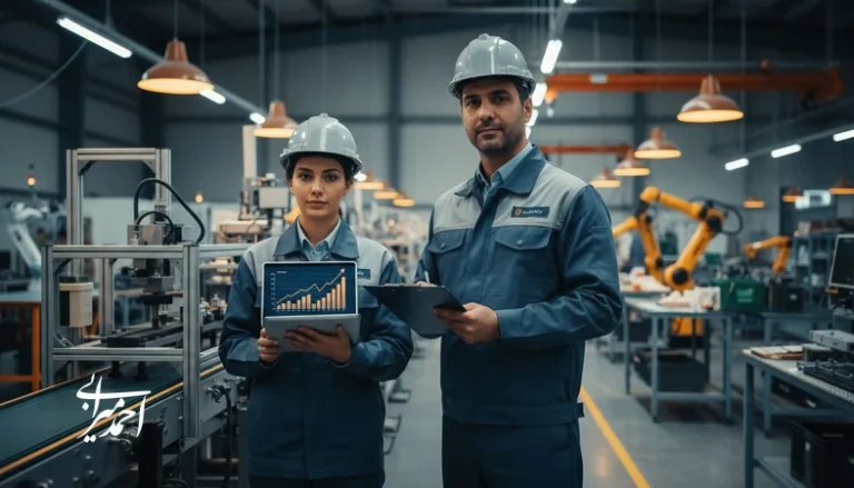 مدیر کارخانه در حال تحلیل داده‌ها برای رشد هوشمندانه کسب‌وکار تولیدی، افزایش بهره‌وری و توسعه ظرفیت و سهم بازار