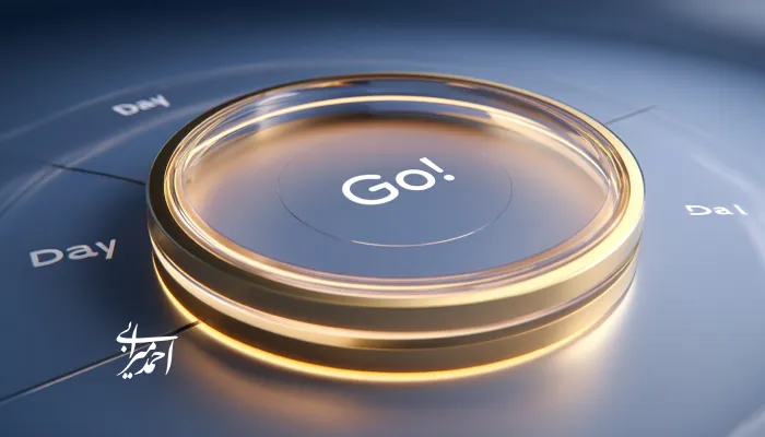 تصویر مفهومی از یک دکمه طلایی با عبارت Go! که در مرکز یک چرخه پنج‌مرحله‌ای قرار دارد و آغاز فرایند اسپرینت و حرکت سریع از ایده به اجرا را نشان می‌دهد.