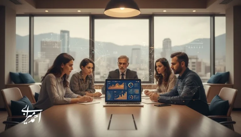 جلسه تحلیل سرمایهگذاری در استارتاپ با بررسی تیم، مدل درآمدی و مقیاسپذیری همراه با نمودارهای رشد و نشانههای هوش مصنوعی