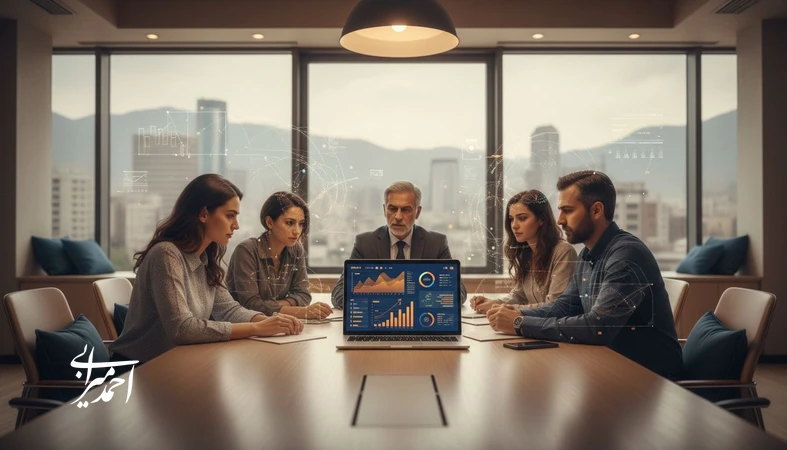 جلسه تحلیل سرمایهگذاری در استارتاپ با بررسی تیم، مدل درآمدی و مقیاسپذیری همراه با نمودارهای رشد و نشانههای هوش مصنوعی