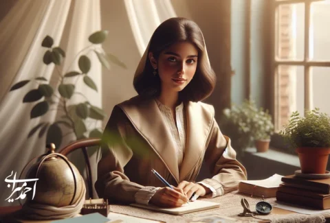 دختر جوان در حال نوشتن نامه و تقویت عزت‌نفس؛ تصویر مفهومی درباره هویت زنانه، سلامت روان و تصمیم‌گیری آگاهانه