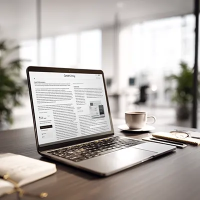 میز کار مدرن تحریریه با لپ‌تاپ، دفتر یادداشت و فضای آرام برای تولید محتوای حرفه‌ای