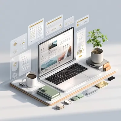 نمای خلاقانه از محیط دیجیتال تحریریه با لپ‌تاپ، المان‌های محتوایی شناور و تمرکز بر تولید محتوا