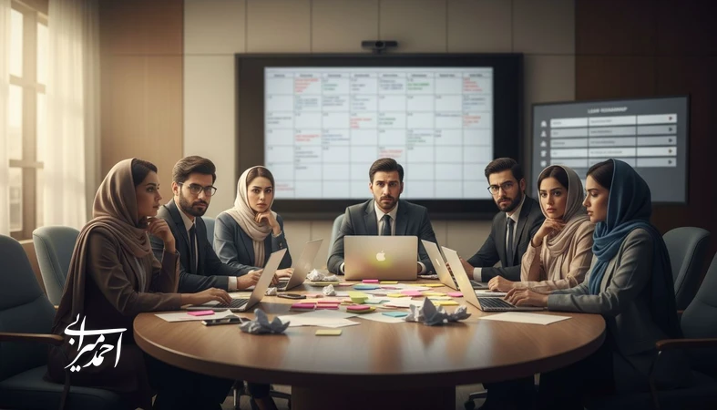 تیم کاری در جلسه‌های زیاد با ابهام نقش‌ها و خروجی‌ها؛ تصویر مفهومی از مدیریت ابهام و تصمیم‌گیری در سازمان