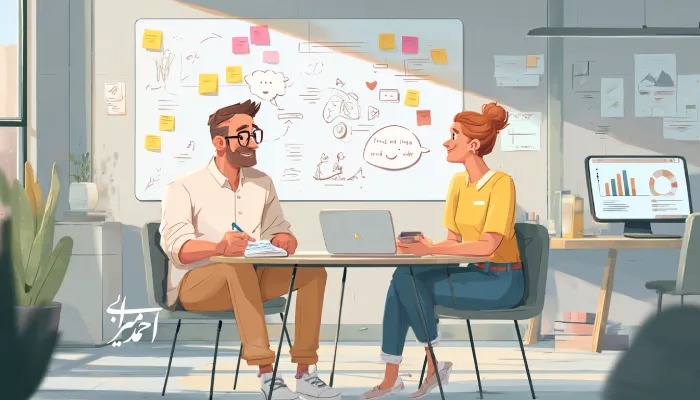 دو کارآفرین در یک دفتر کار مدرن در حال گفت‌وگوی تحلیلی و مصاحبه برای اعتبارسنجی ایده هستند؛ یکی یادداشت‌برداری می‌کند و دیگری توضیح می‌دهد، با لپ‌تاپ روی میز و وایت‌بردی پر از نمودار و یادداشت‌های رنگی در پس‌زمینه.