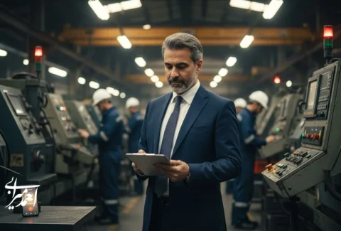 مدیریت زمان در تولید با تمرکز بر مدیریت وقفه‌ها؛ تصویر مدیر کارخانه در محیط صنعتی پرقطع‌و‌وصل