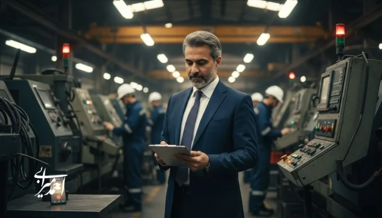 مدیریت زمان در تولید با تمرکز بر مدیریت وقفه‌ها؛ تصویر مدیر کارخانه در محیط صنعتی پرقطع‌و‌وصل