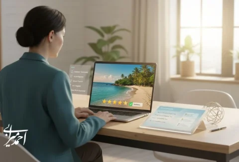 تصویر مفهومی از تبلیغات گردشگری که نشان می‌دهد تصویر جذاب با شفافیت و اعتماد به فروش تبدیل می‌شود