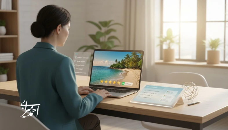 تصویر مفهومی از تبلیغات گردشگری که نشان می‌دهد تصویر جذاب با شفافیت و اعتماد به فروش تبدیل می‌شود