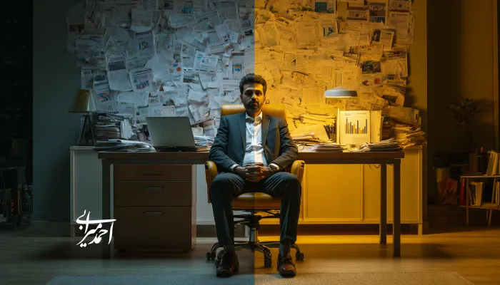 «مدیر ایرانی نشسته میان دو فضای متضاد کاری؛ سمت چپ غرق در بینظمی، کاغذها و فشار مالی، و سمت راست منظم، روشن و استراتژیک؛ نماد گذار از سردرگمی به تصمیمگیری حرفهای در کسبوکار.»