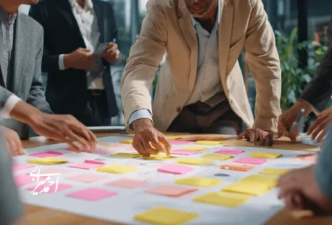کارگاه هم‌فکری تیمی در فضای کاری؛ چند نفر با لباس رسمی دور یک میز ایستاده‌اند و روی یک پوستر بزرگ، یادداشت‌های چسبی رنگی را برای برنامه‌ریزی و ایده‌پردازی جابه‌جا می‌کنند.