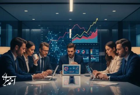 جلسه تصمیم‌گیری سرمایه‌گذاری خطرپذیر با نمودارهای تحلیل ریسک و بازده و بررسی استارتاپ‌های آینده‌ساز