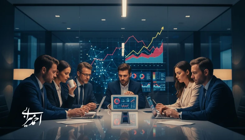 جلسه تصمیم‌گیری سرمایه‌گذاری خطرپذیر با نمودارهای تحلیل ریسک و بازده و بررسی استارتاپ‌های آینده‌ساز
