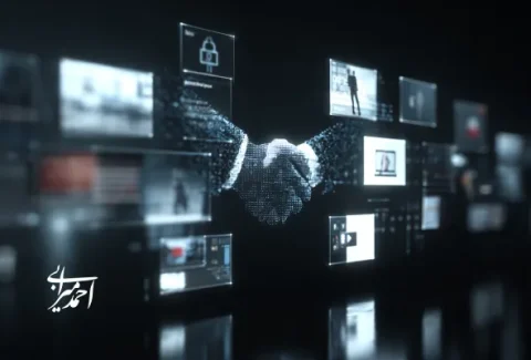 دست‌دادن دیجیتال در میان پنل‌های شناور رابط کاربری؛ نماد اعتماد و قرارداد در تجربه آنلاین