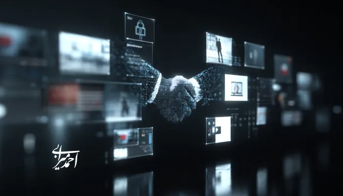 دست‌دادن دیجیتال در میان پنل‌های شناور رابط کاربری؛ نماد اعتماد و قرارداد در تجربه آنلاین