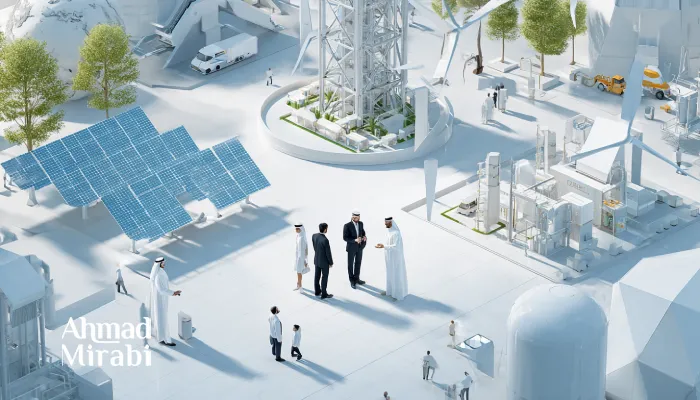 «مشهد استثماري حديث يرمز إلى القطاعات الواعدة في إيران عام 2026، يشمل الطاقة المتجددة عبر الألواح الشمسية، البنية الصناعية المتقدمة، والتكنولوجيا النظيفة، مع وجود مستثمرين ومديرين يناقشون فرص التعاون والتنمية المستدامة في بيئة اقتصادية مستقبلية.»