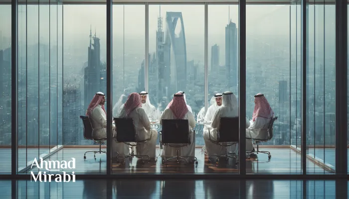 «اجتماع لمديرين ورجال أعمال خليجيين في قاعة زجاجية حديثة، يناقشون استراتيجيات التوسع والدخول إلى الأسواق الإقليمية، مع إطلالة على أفق مدينة حديثة يعكس بيئة أعمال احترافية وتخطيطاً استراتيجياً.»