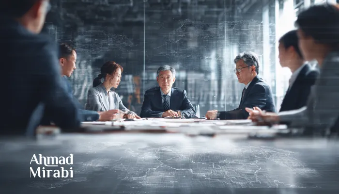 多位企业高管在正式商务会议中进行战略讨论，围绕国际市场进入与风险评估展开分析，体现专业咨询与长期决策视角（Ahmad Mirabi）