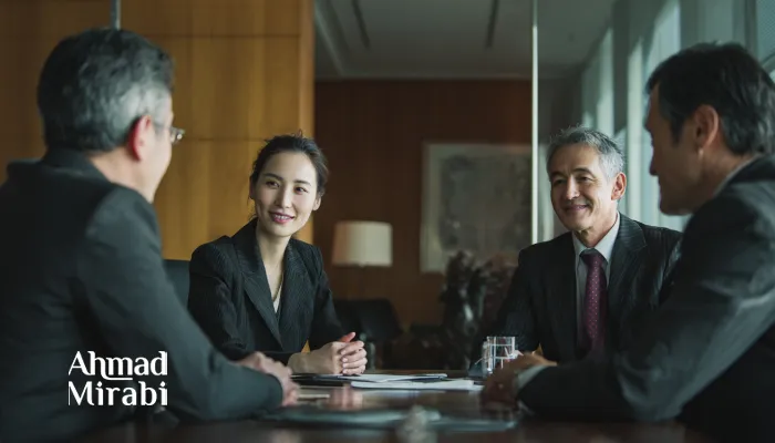 中伊商务谈判场景，中国与伊朗管理者在正式会议中进行交流与协商，体现跨文化沟通、信任建立与专业咨询氛围（Ahmad Mirabi）