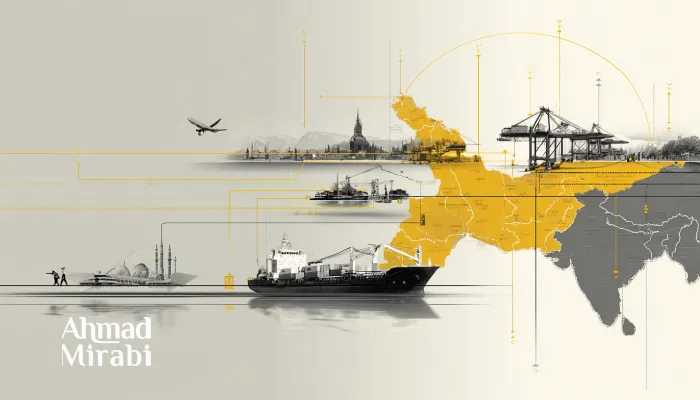 以伊朗为核心的区域贸易与物流示意图，展示航运、港口、航空与基础设施网络，体现伊朗在亚洲与中东之间的战略枢纽地位与中国企业关注的市场连接价值（Ahmad Mirabi）