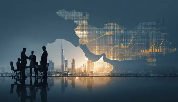 中国与中东商业代表在战略会议中洽谈合作,背景呈现中东地区轮廓、城市天际线与数据增长图表,象征区域市场进入与投资决策分析。