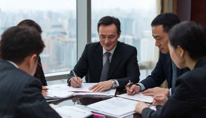 中国企业高管在现代办公环境中与合作团队进行商务发展与投资洽谈,围绕文件与协议展开讨论,体现决策制定、合作建立与市场拓展过程。
