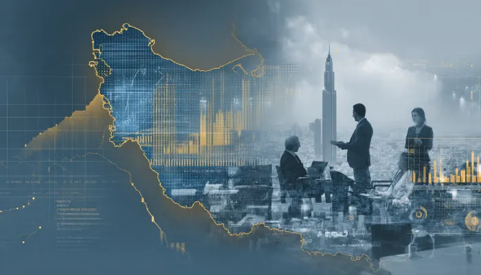 国际商业顾问团队在现代会议环境中讨论伊朗市场进入战略,画面结合伊朗地图轮廓、城市天际线与数据分析图表,体现市场评估、风险分析与战略决策过程。