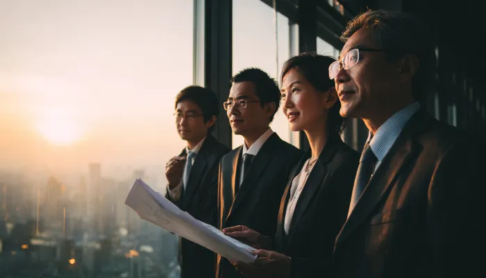 中国企业管理团队在城市高处远眺市场前景,手持战略文件进行讨论,象征在进入新兴市场前的决策思考、机会评估与长期布局规划。