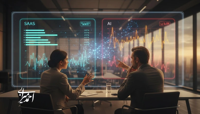 تصویر مفهومی از تصمیم‌گیری برای قیمت‌گذاری هوش مصنوعی در برابر SaaS با نمایش هزینه استنتاج و نوسان مصرف برای حفظ حاشیه سود